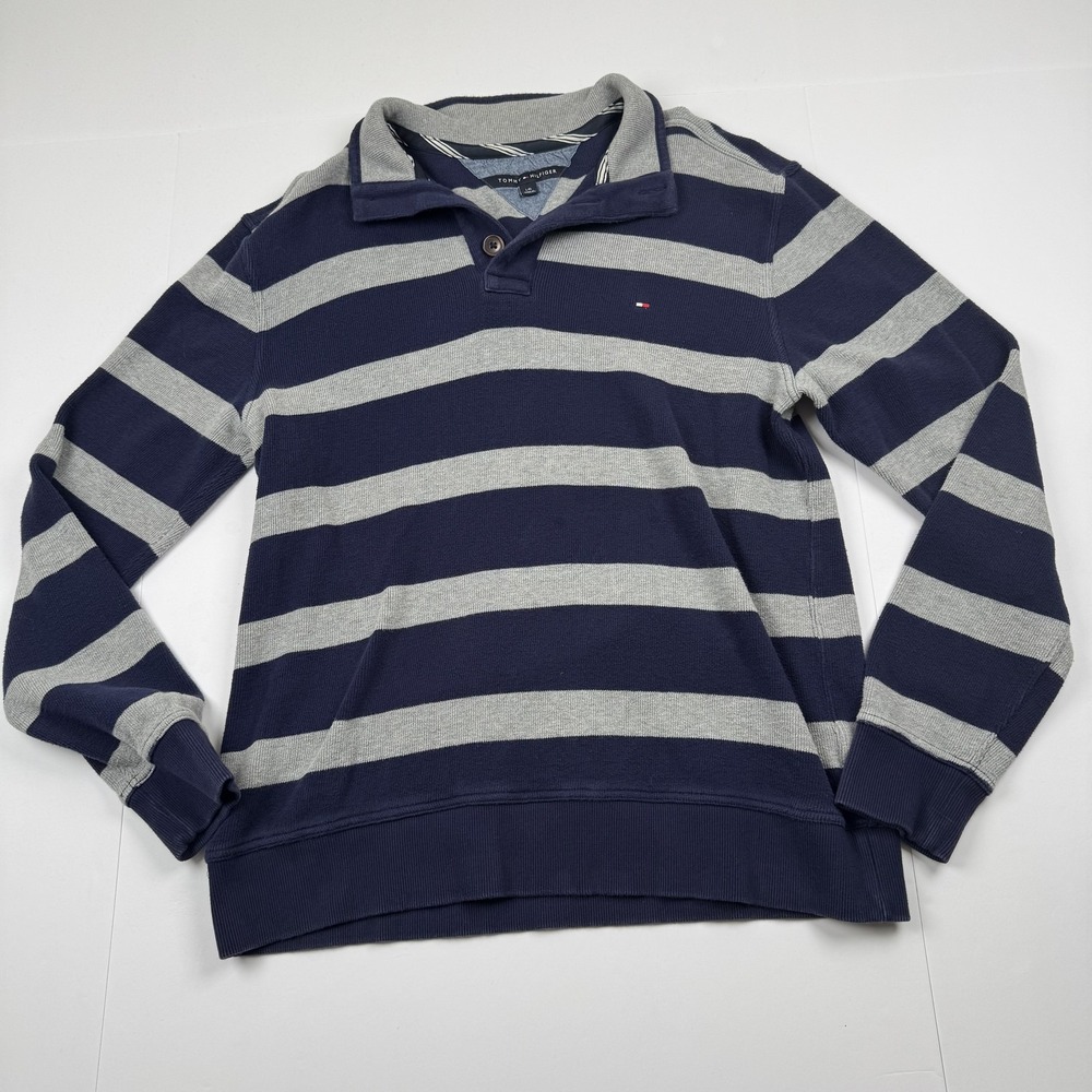 Tommy Hilfiger Sweater Mens Large Blue Gray Striped Rugby Pullover 100% Cotton